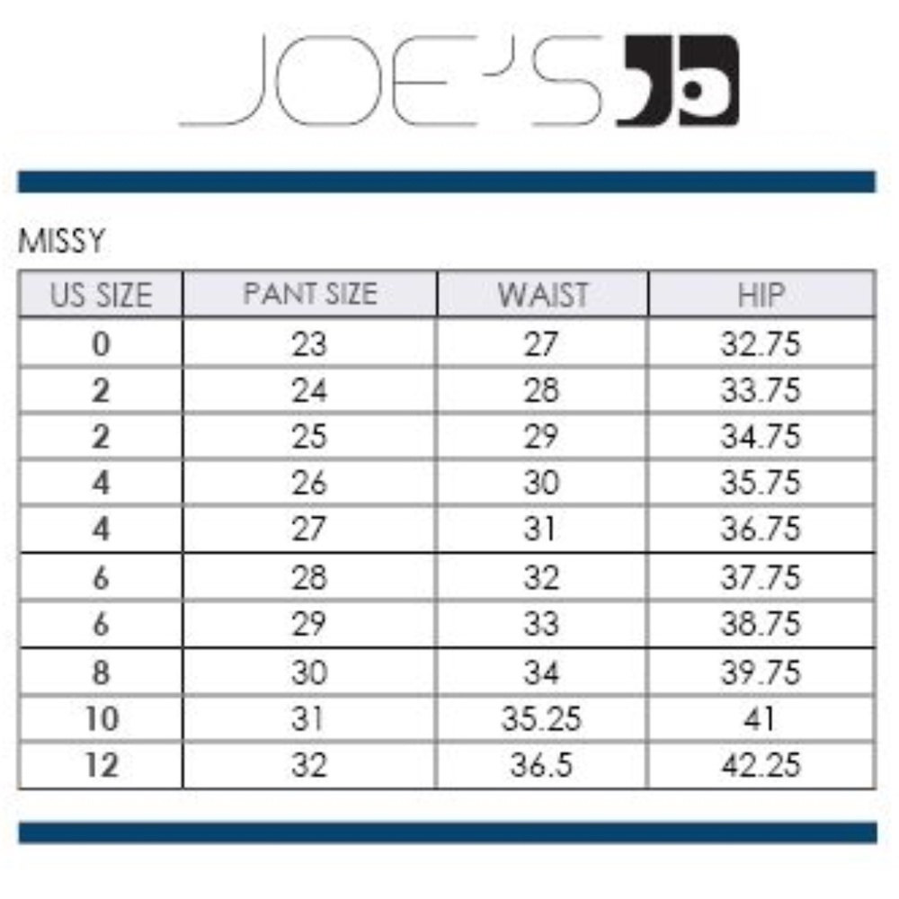 Joe jean size chart